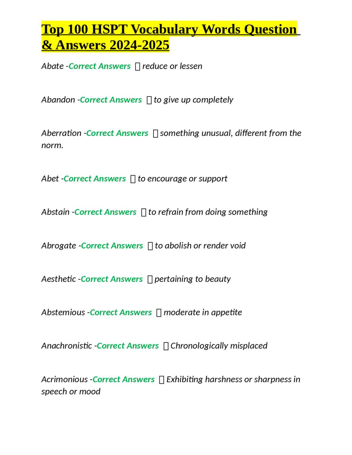 100 word vocabulary test with answers