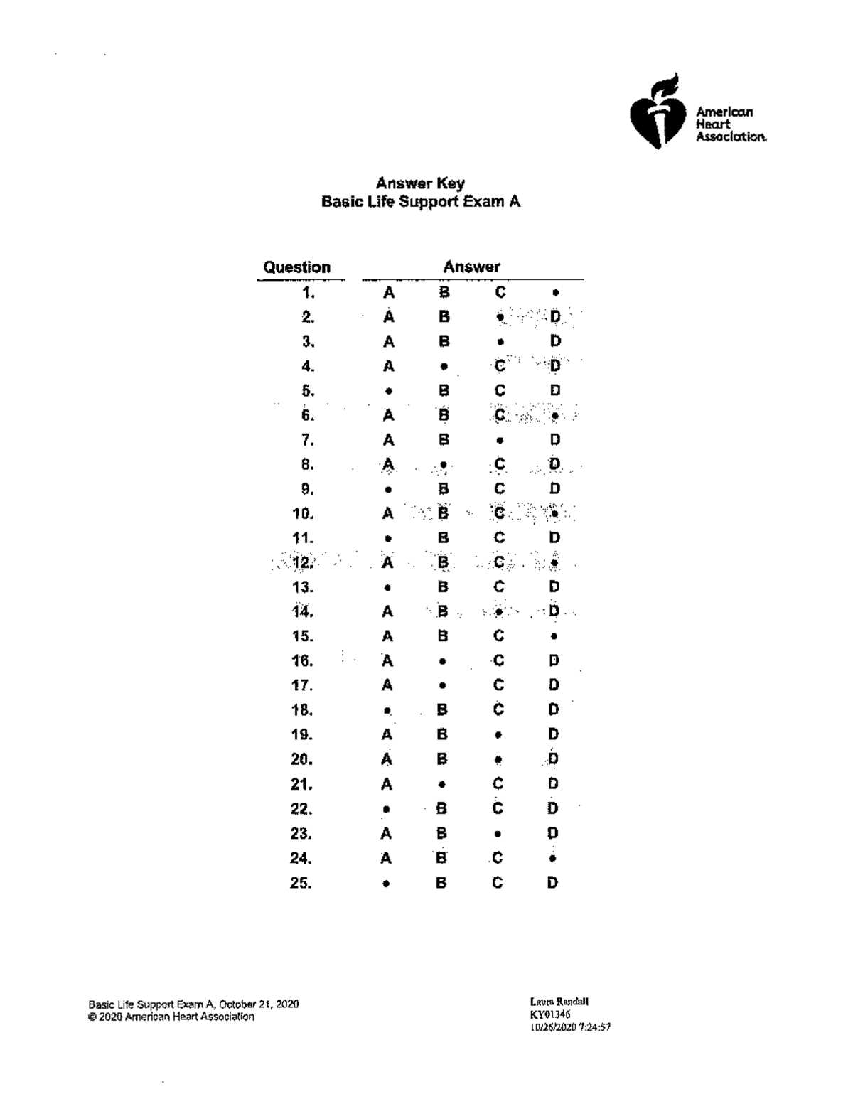 aha cpr test answer sheet