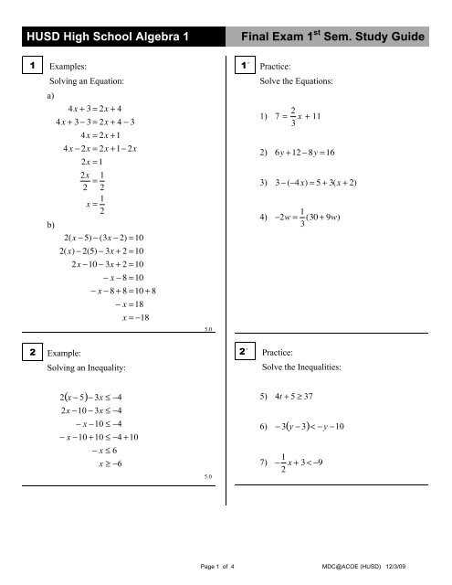 algebra 1 exam review answers