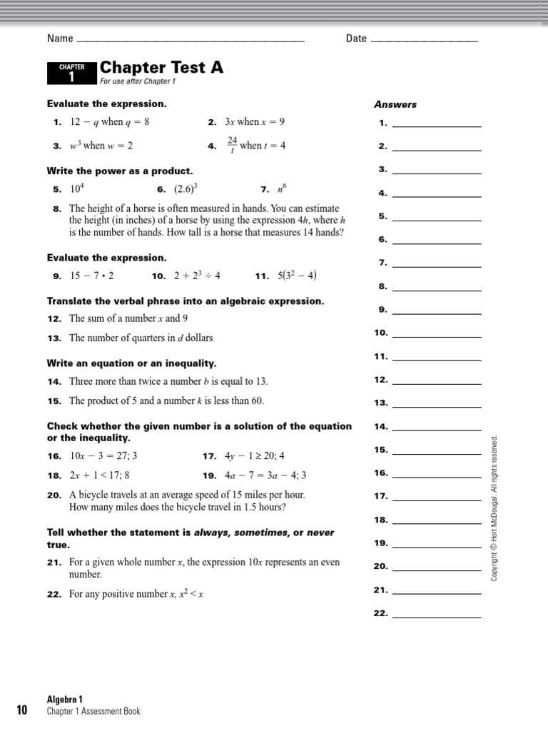 algebra 1 final test with answers