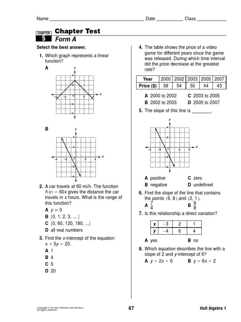algebra 1 test 1 answer key