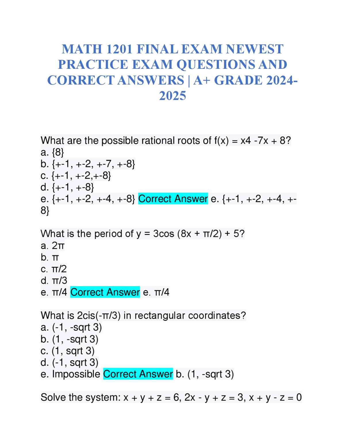 algebra one final exam with answers