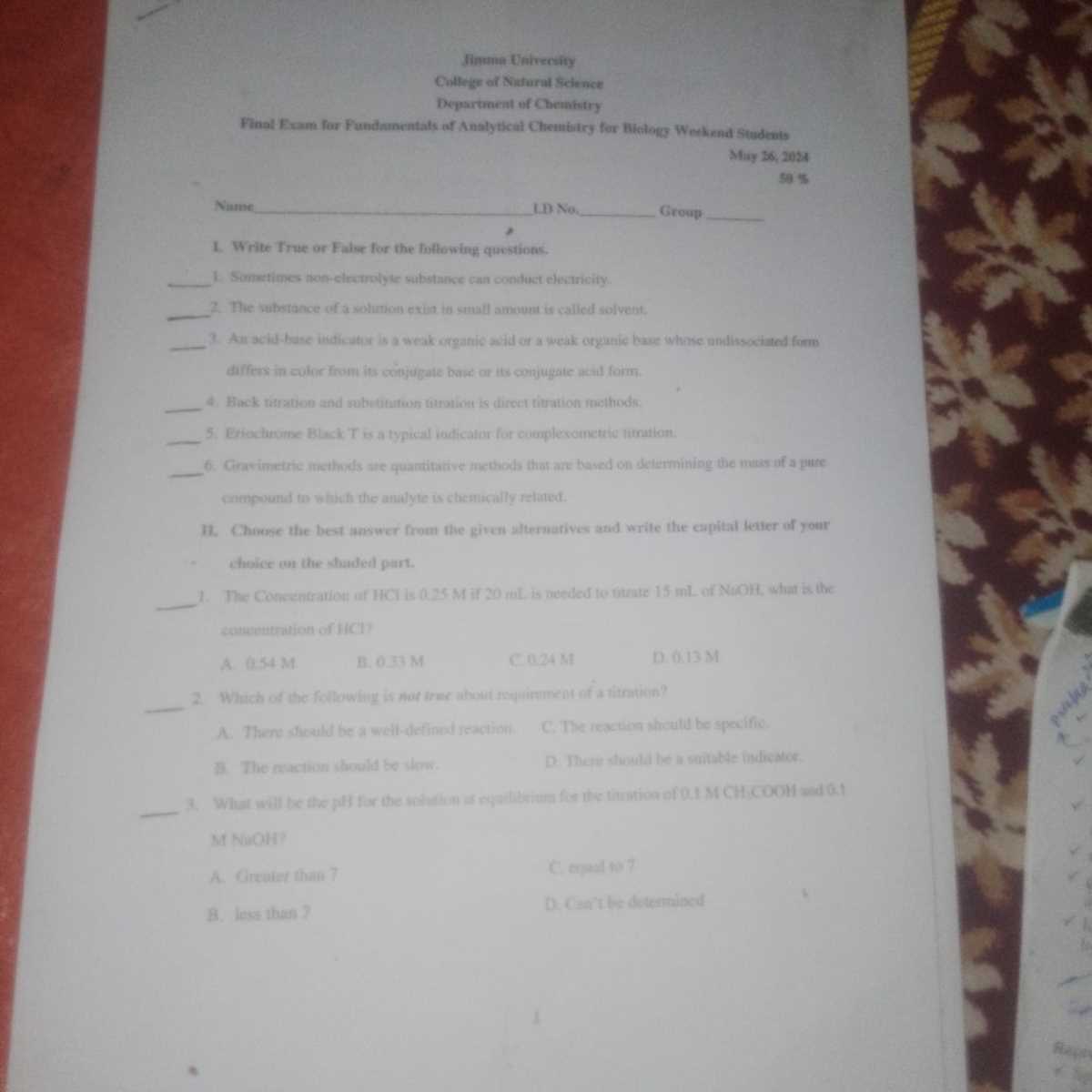analytical chemistry test questions and answers