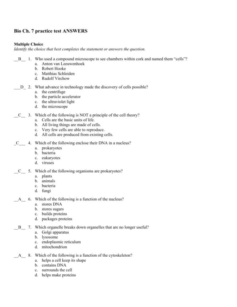 answers for biology test