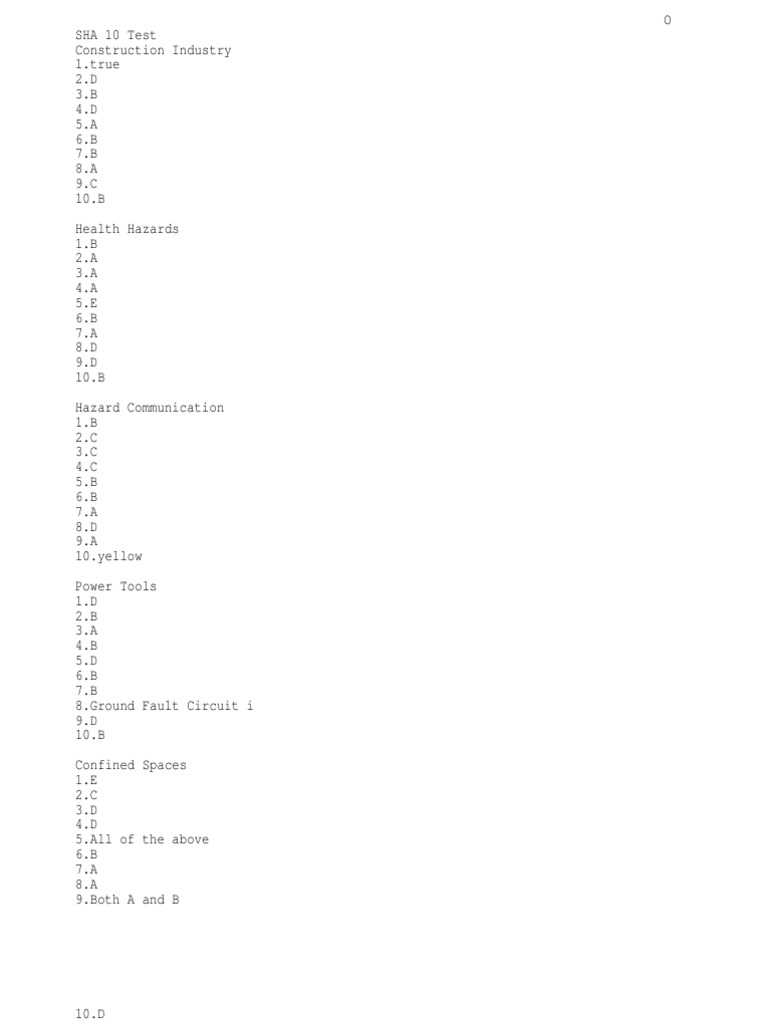 answers for osha 10 test