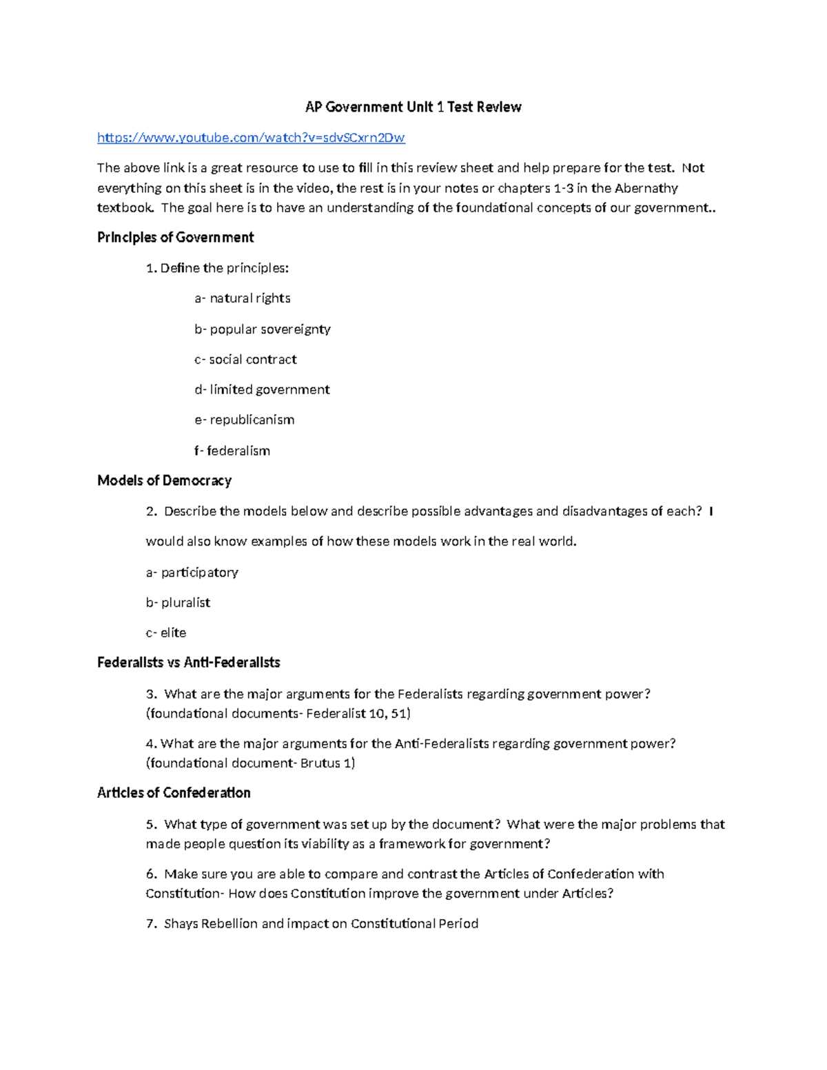 ap gov unit 1 test answers