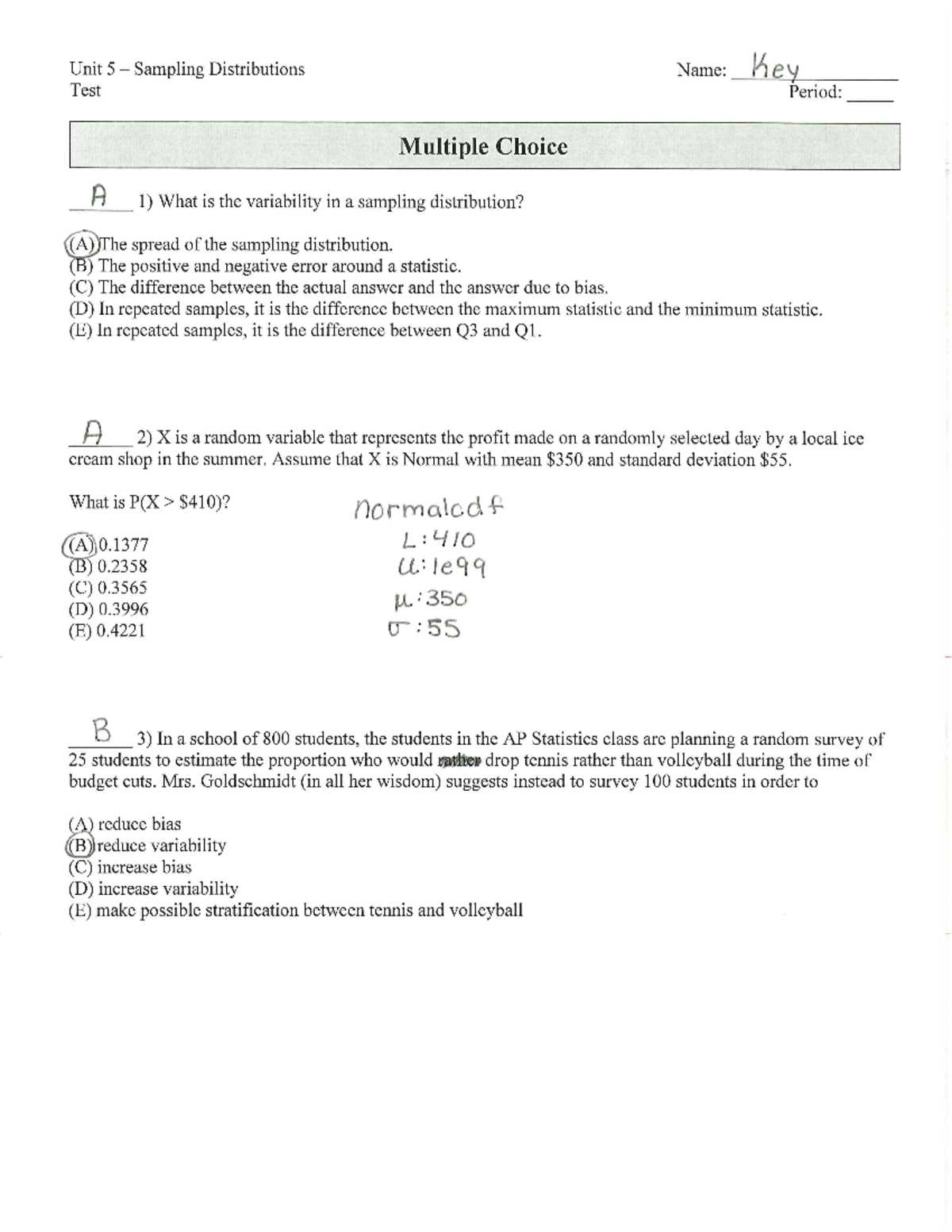 ap statistics chapter 5b test answer key