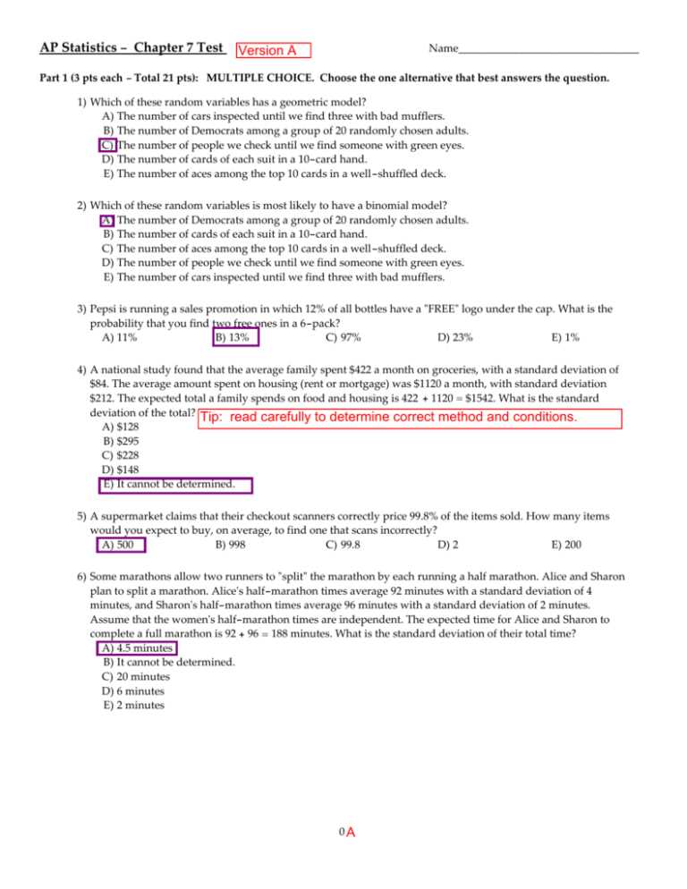 ap statistics test 1a answers