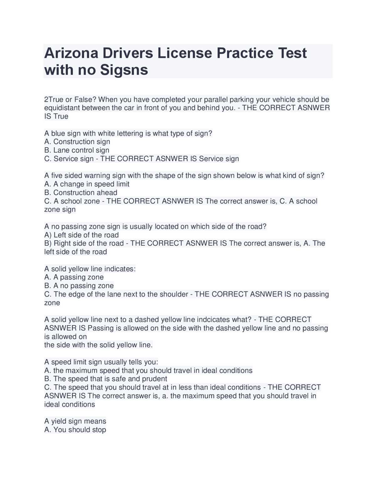 arizona drivers license test questions answers