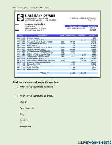 bank assessment test answers