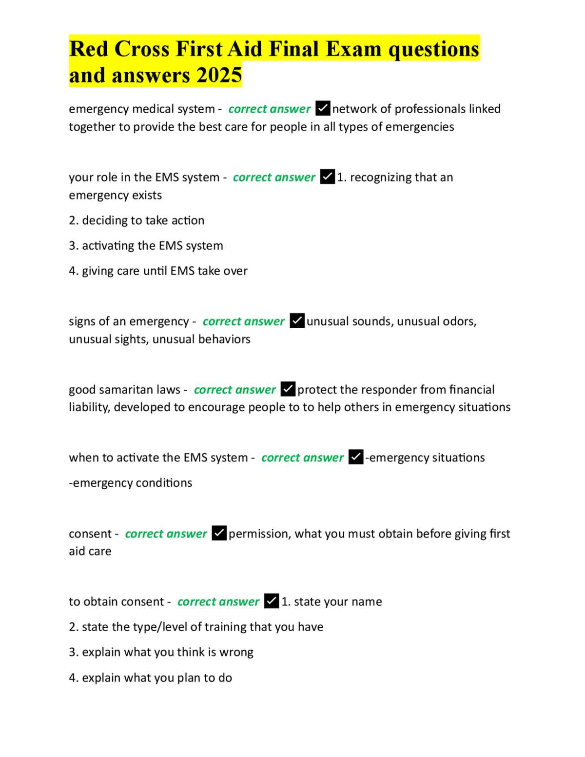 basic first aid written exam answers