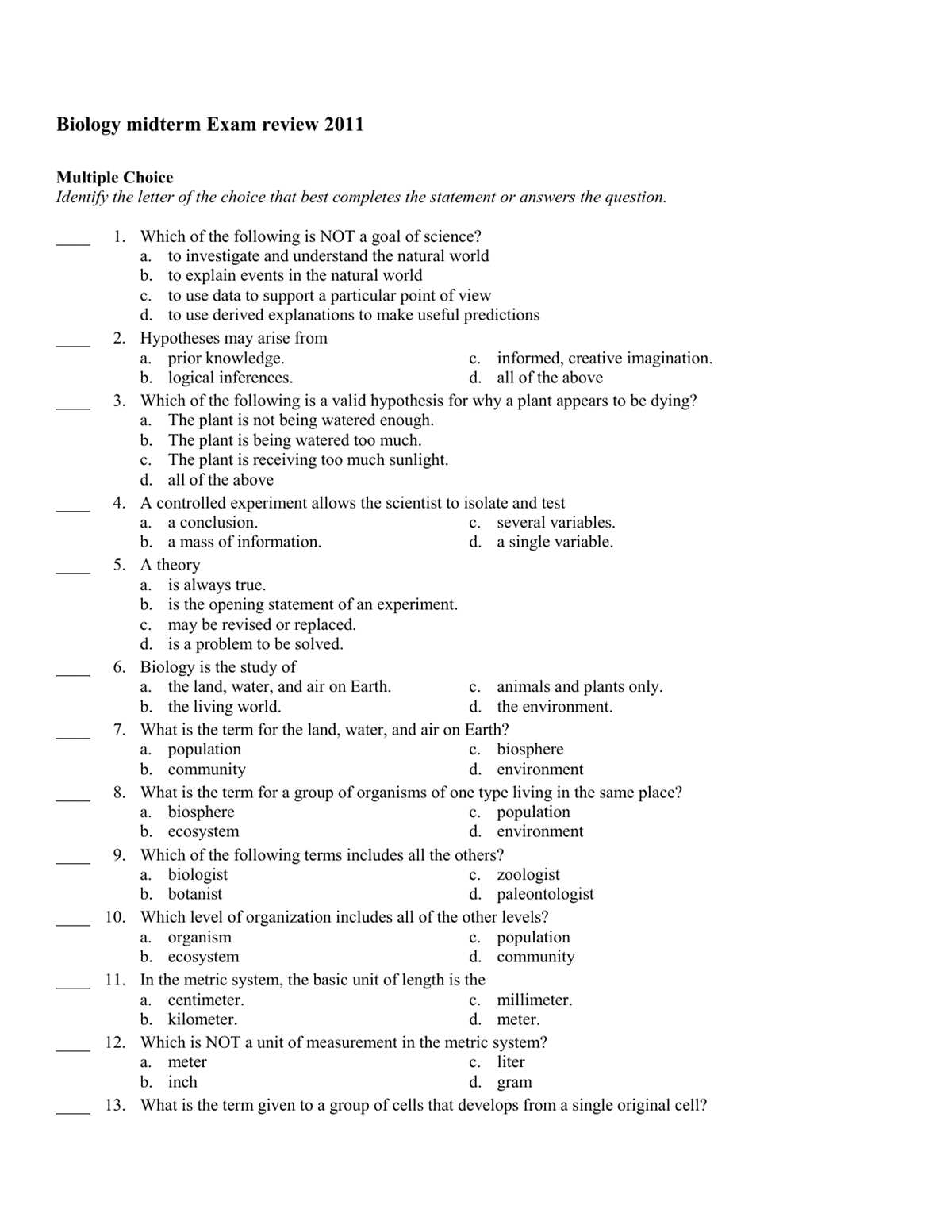 biology exam answers