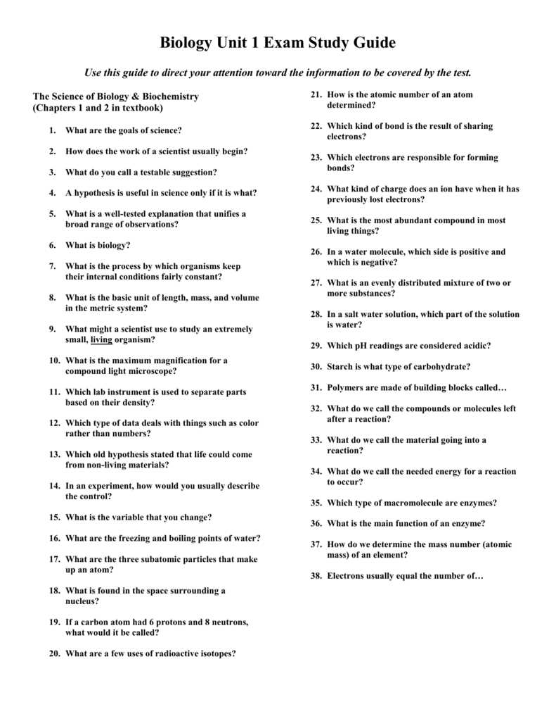 biology unit 1 exam answers