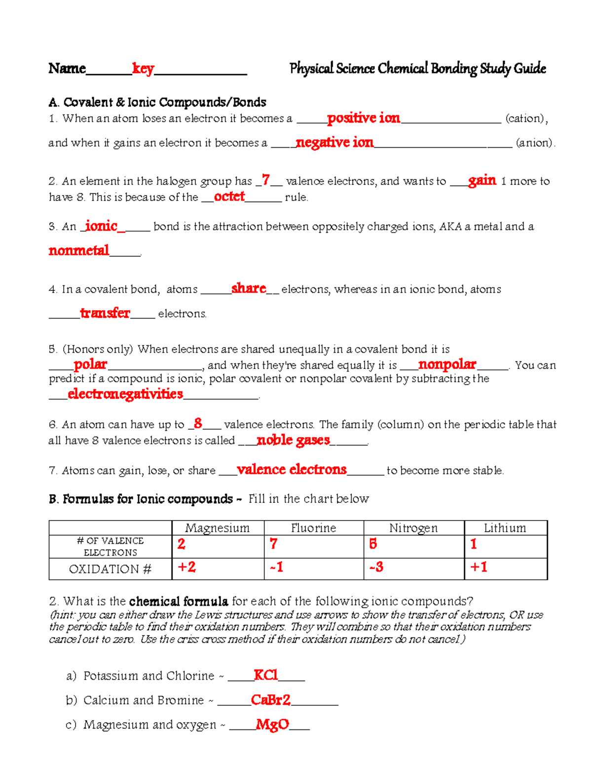 bonding test cp answer key