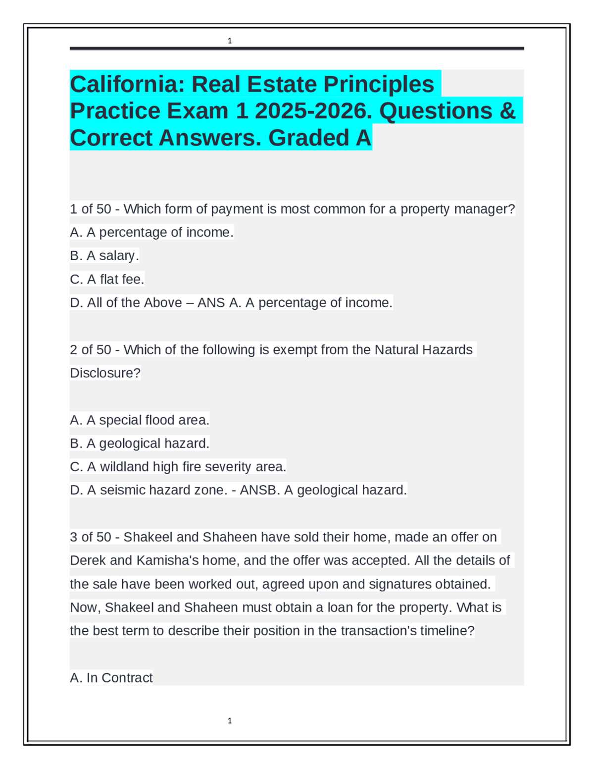 california real estate practice exam answers