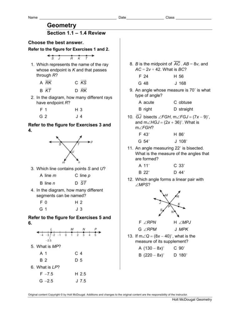 chapter 1 test form 1 geometry answer key