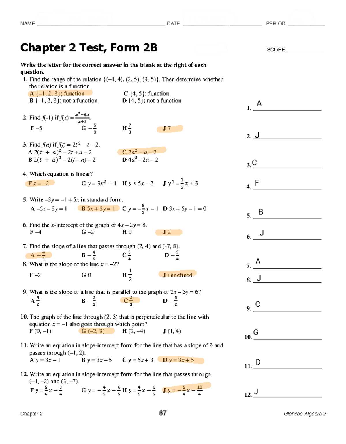chapter 2 practice test algebra 2 answers