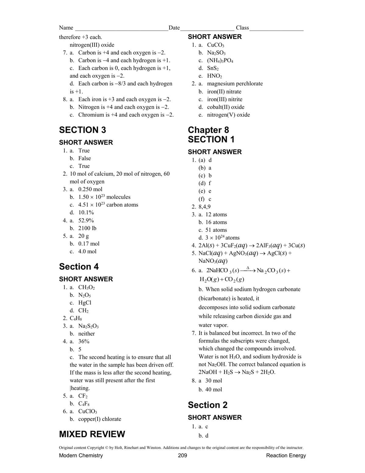 chapter 3 test review answer key