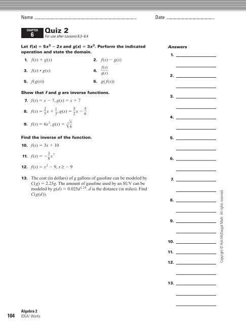 chapter 6 algebra 2 test answers