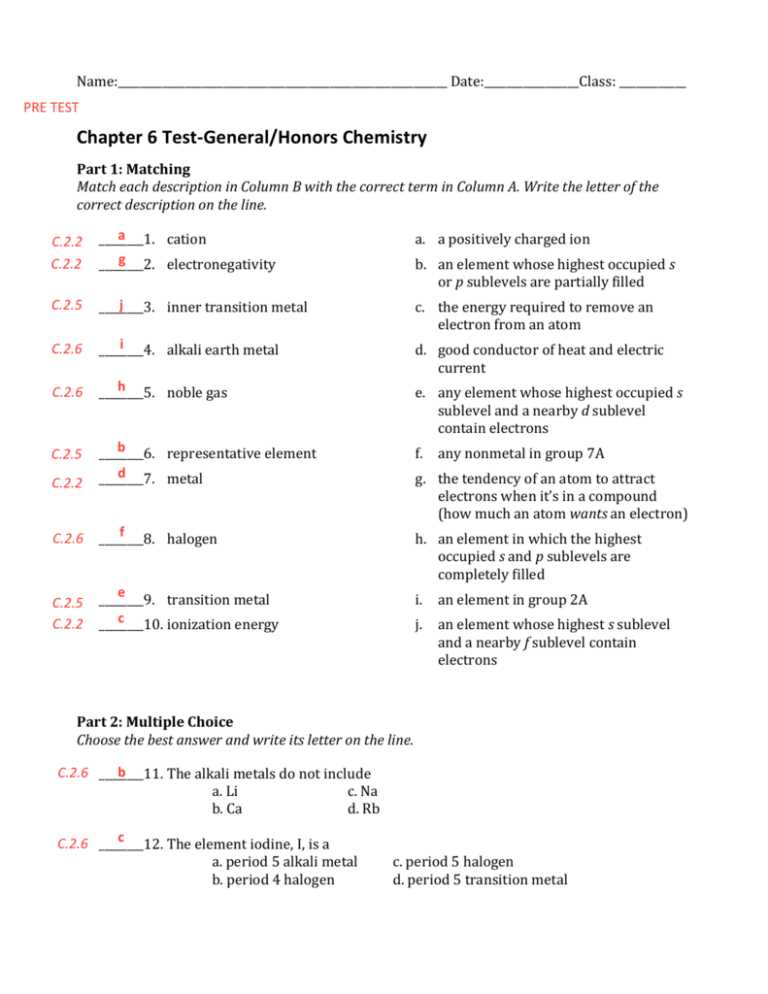 chapter 6 the periodic table chapter test a answer key