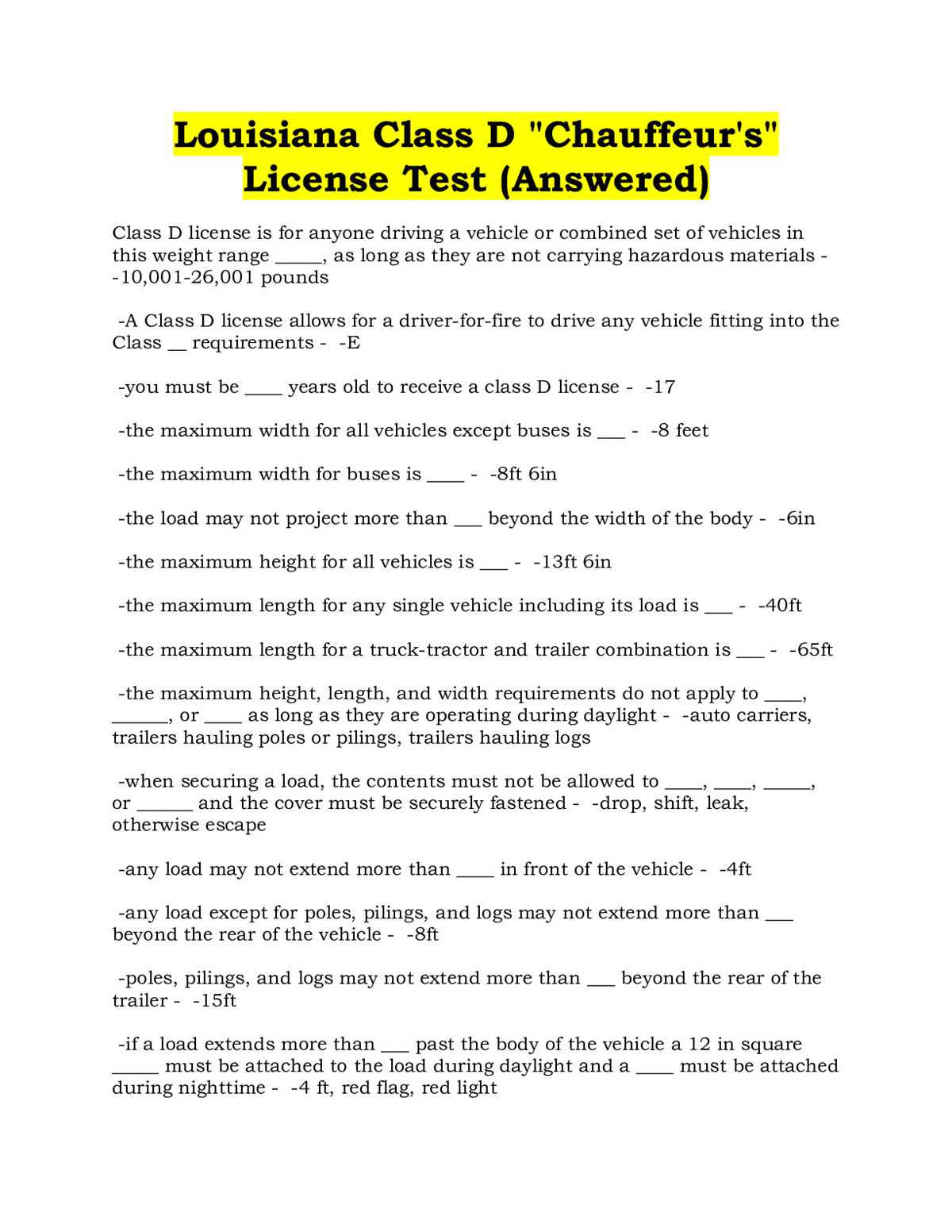 chauffeur test answers