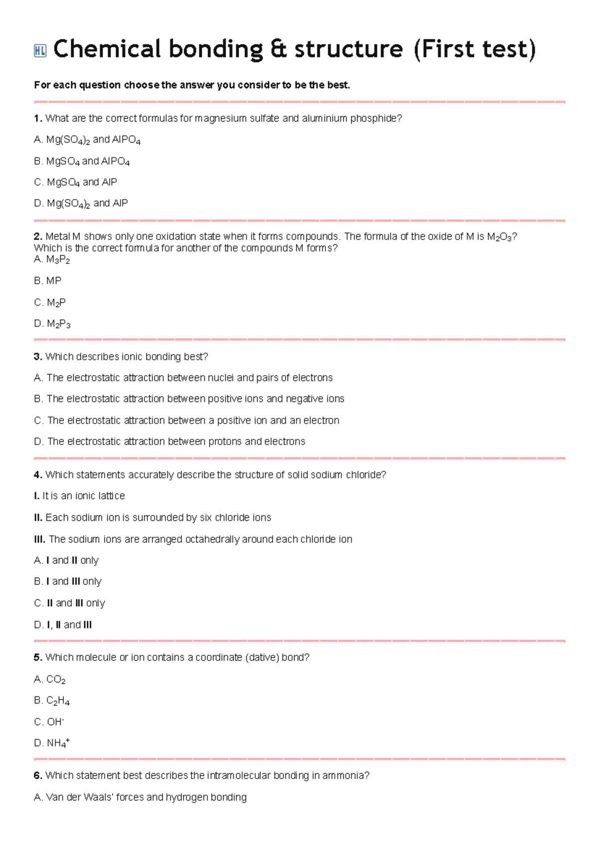 chemical bonds chapter test answers