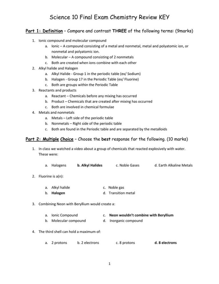 chemical equations test review answers