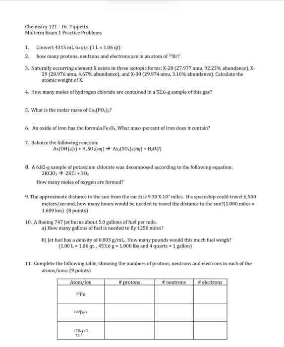 chemistry midterm exam answer key