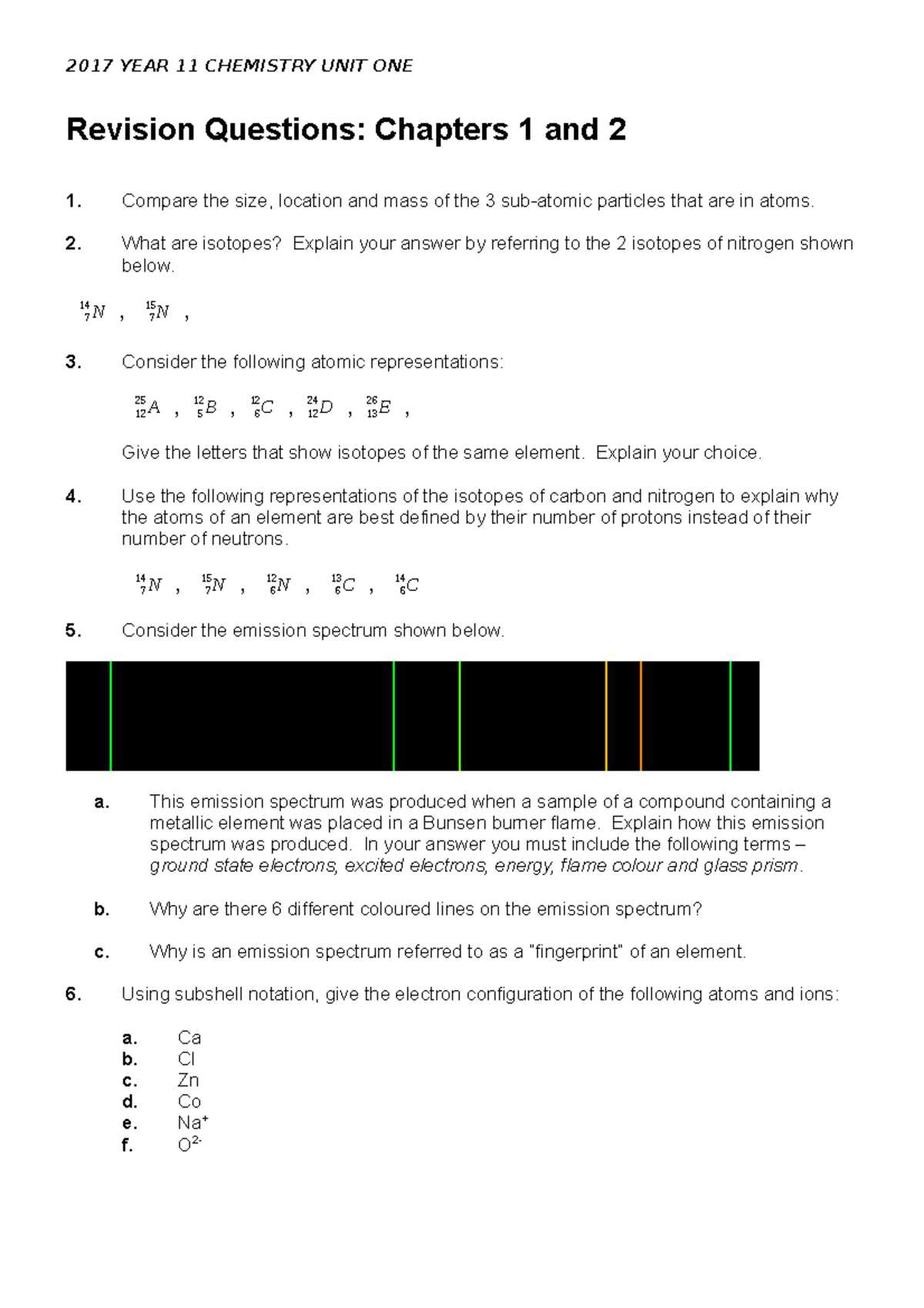 chemistry unit 1 exam answers