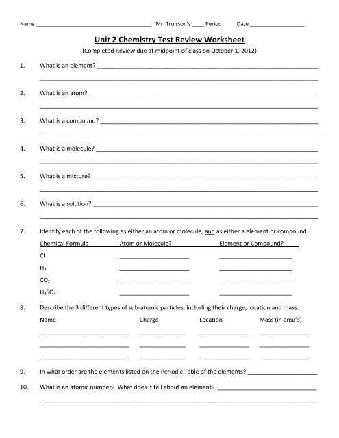 chemistry unit 1 test review answer key