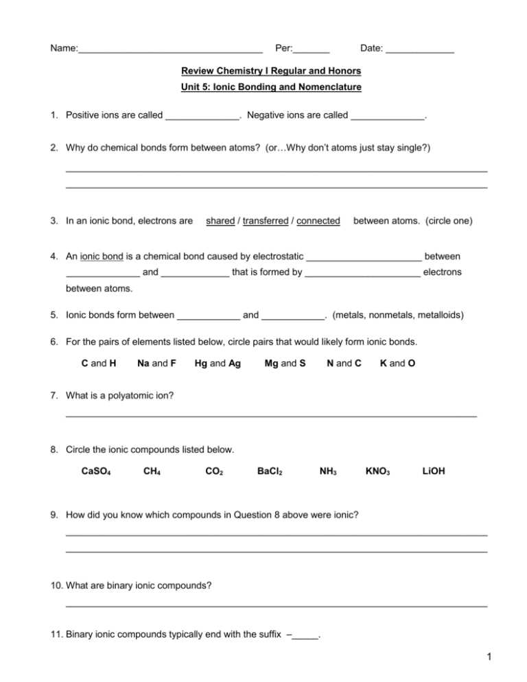 chemistry unit 4 test review chemical bonding answers