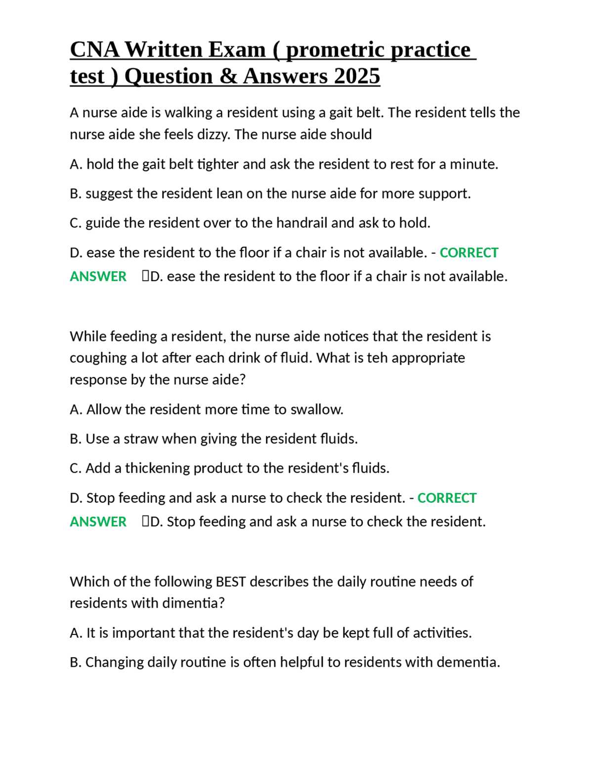 cna certification test examination questions and answers