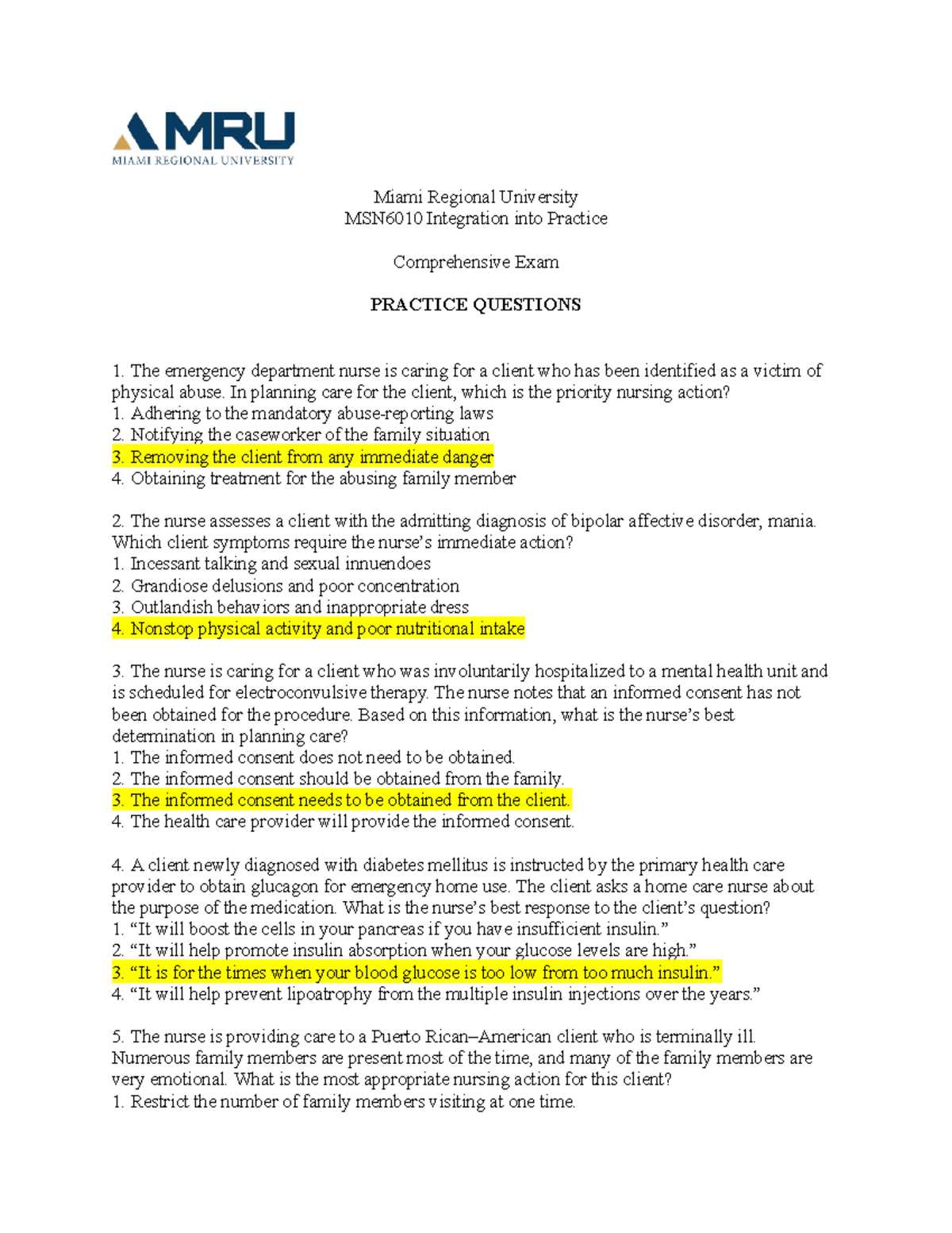 comprehensive exam answers