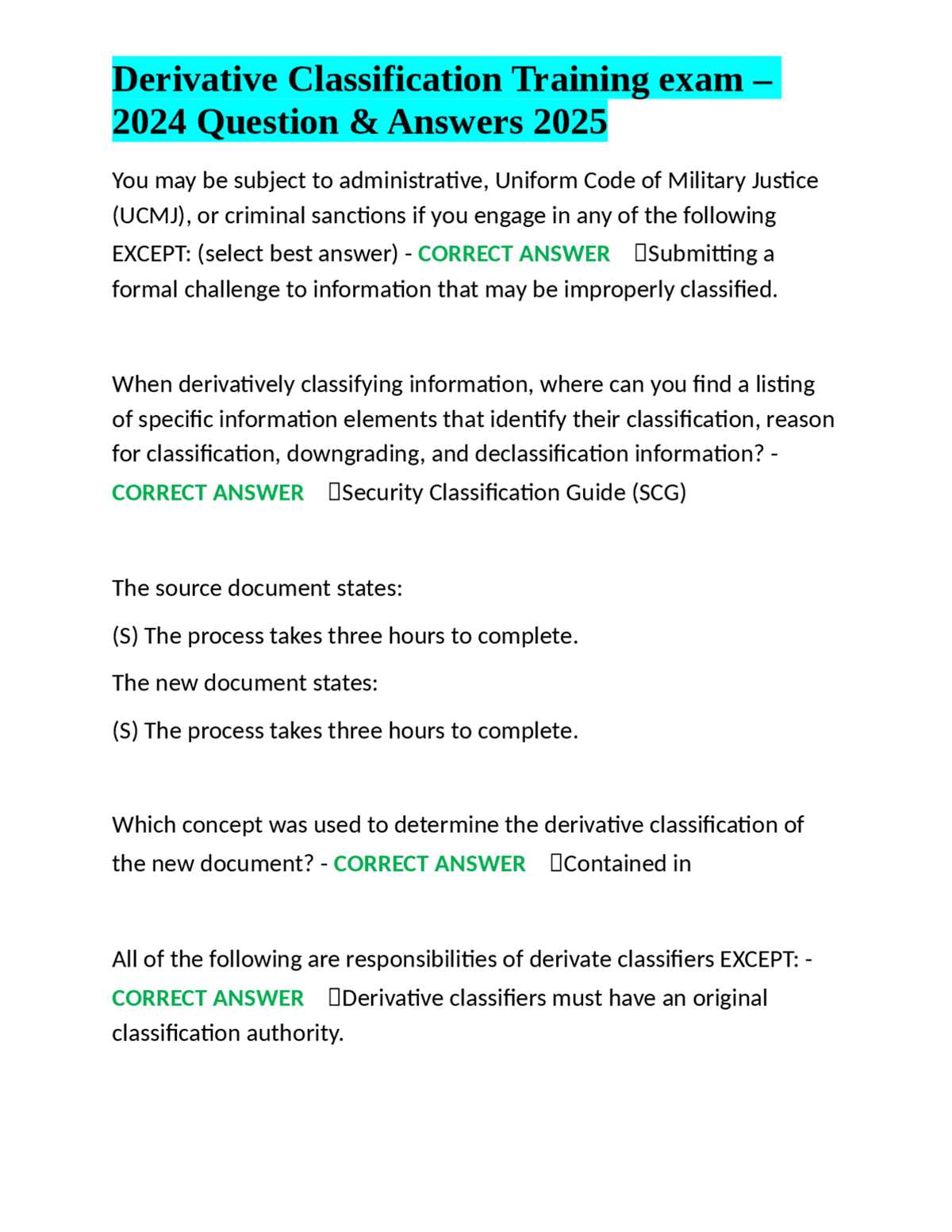 derivative classification exam answers