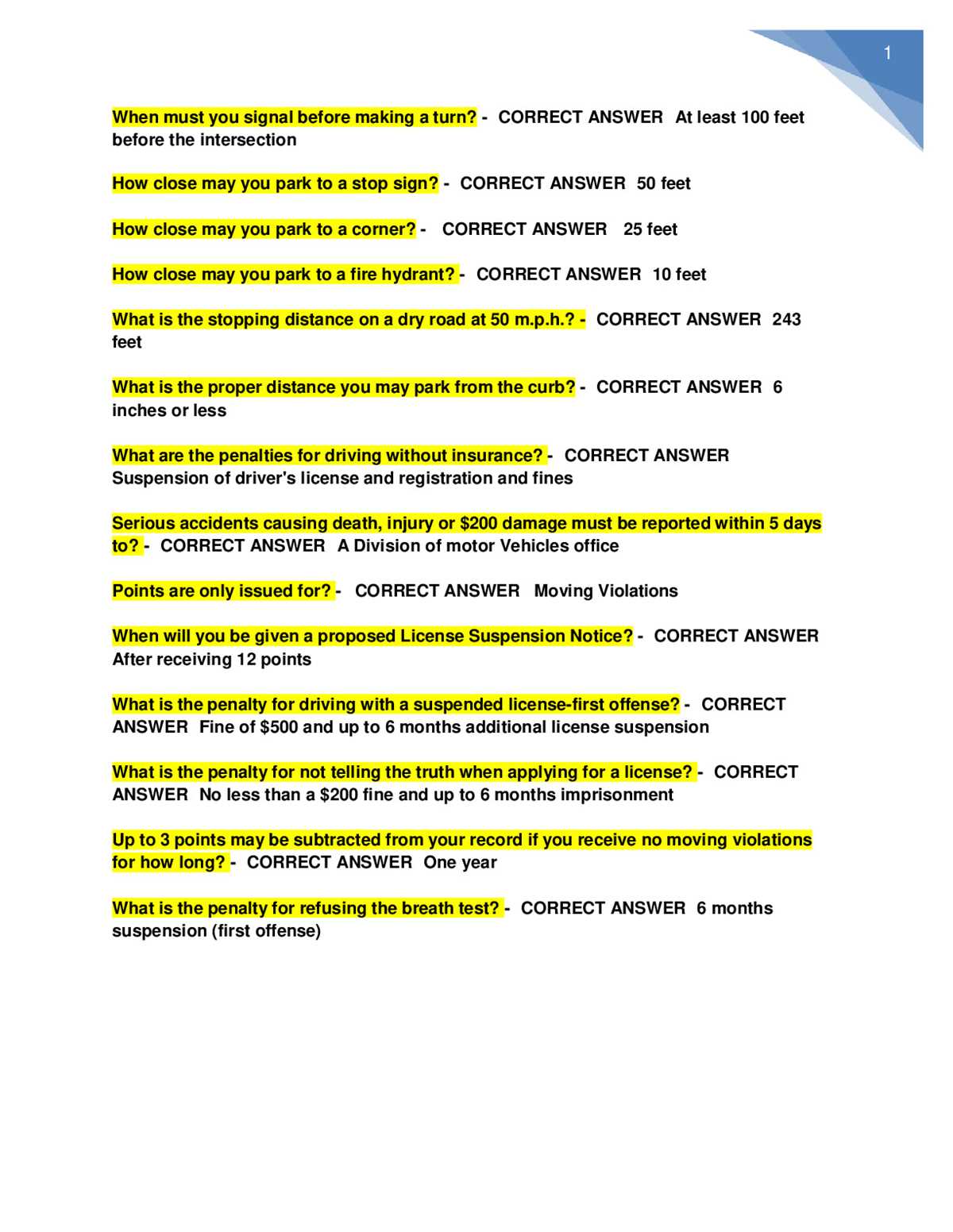 dmv 25 question test answers