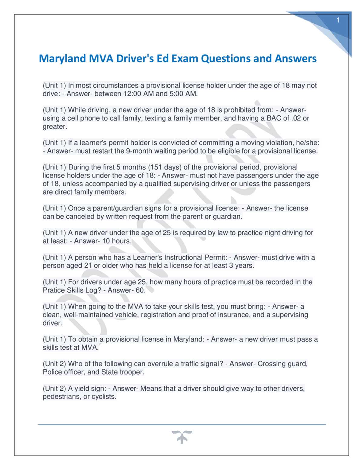 drivers ed unit 10 test answers