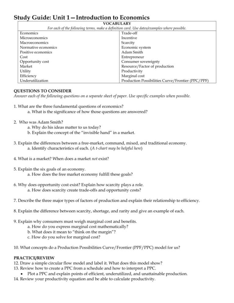 economics unit 1 test answer key