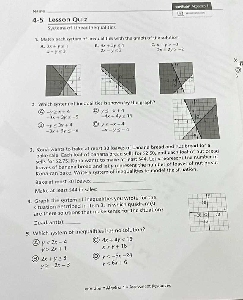 envision algebra 2 test answers