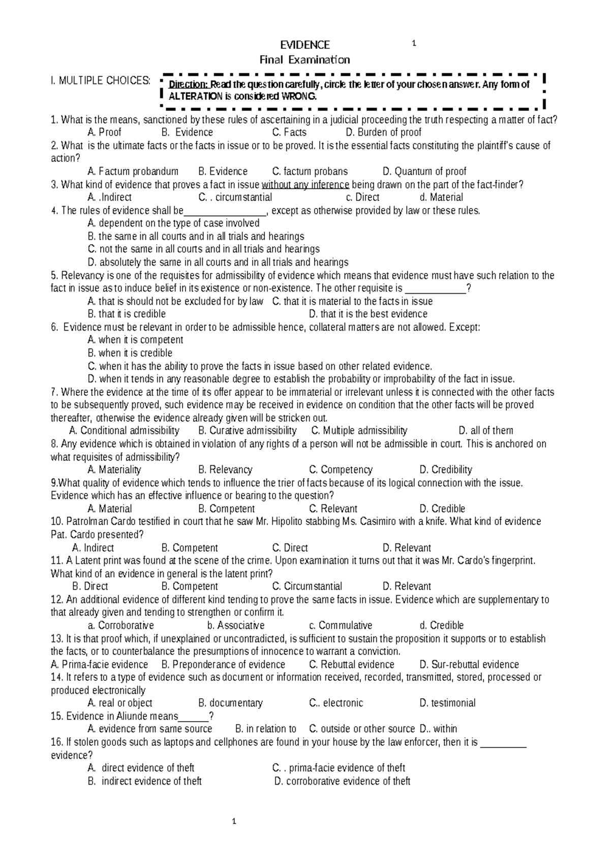 evidence exam questions and answers