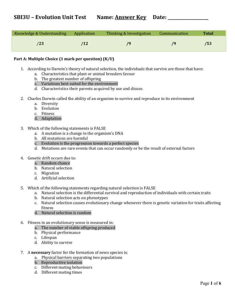 evolution and natural selection test answers