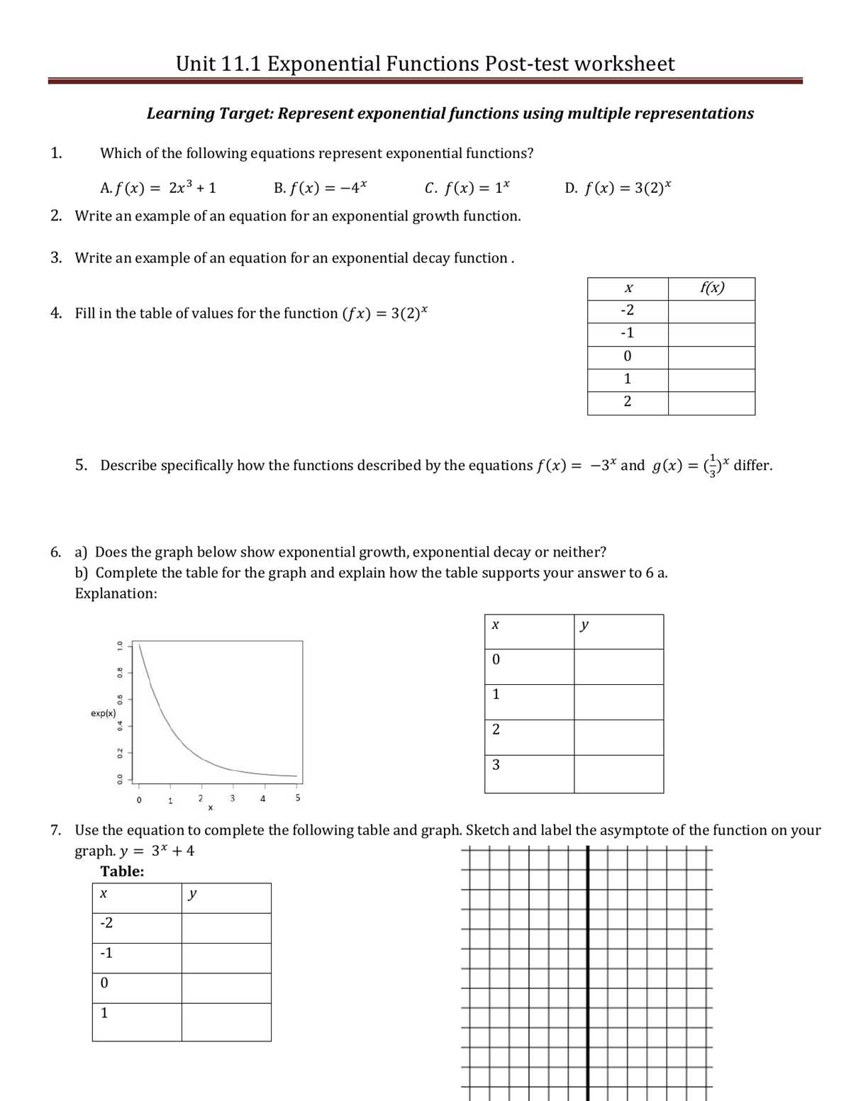 exponential function test review answers