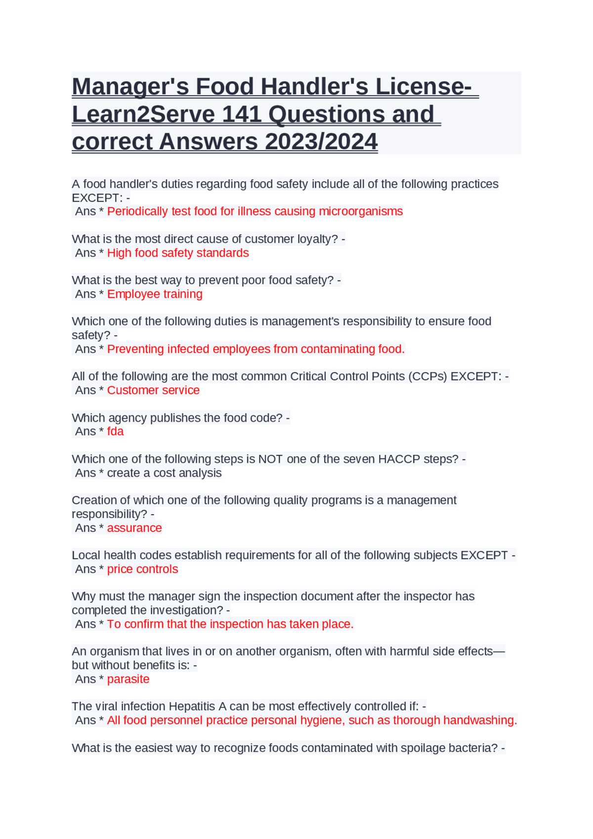 food handler certificate test answers