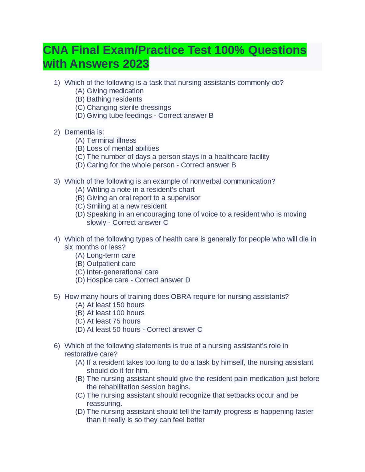 free cna practice exam with answers