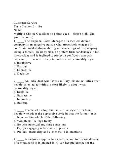 free customer service assessment test questions and answers