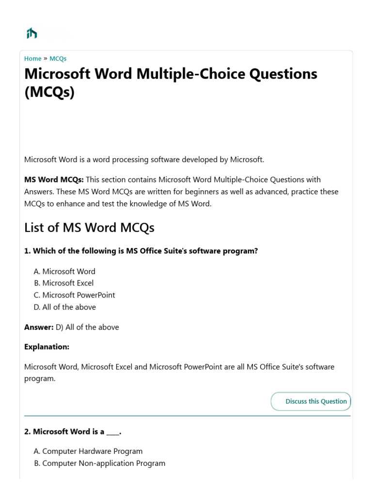 free microsoft word test questions and answers