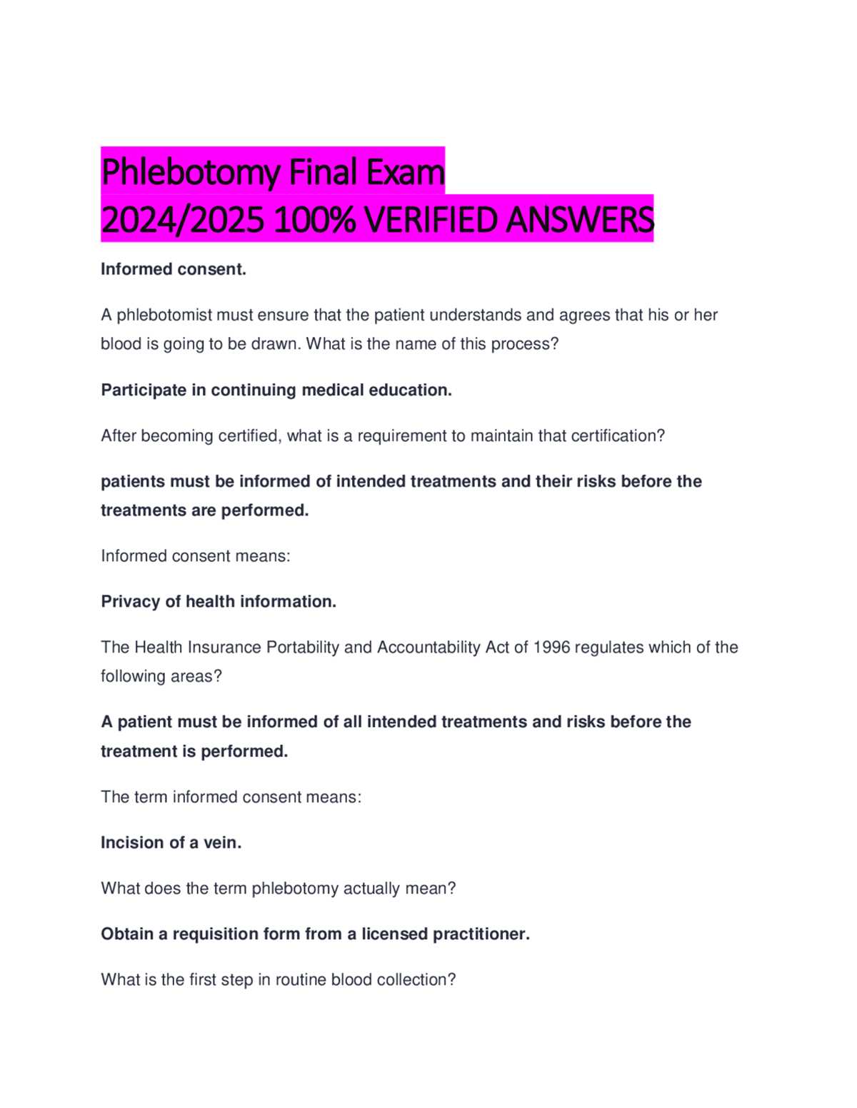 free phlebotomy test questions and answers