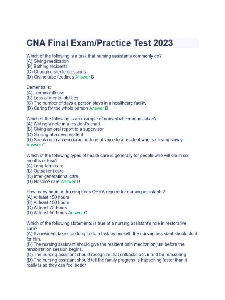 free printable cna practice test with answers
