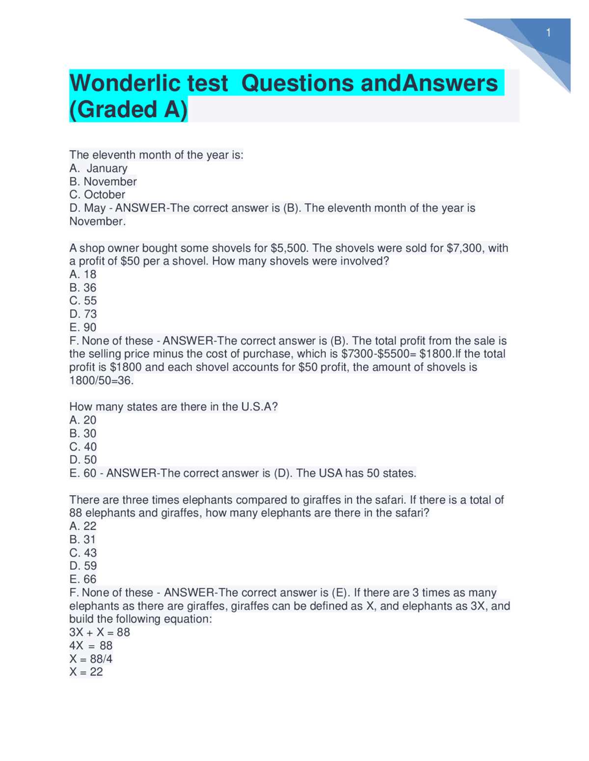 free wonderlic test with answers