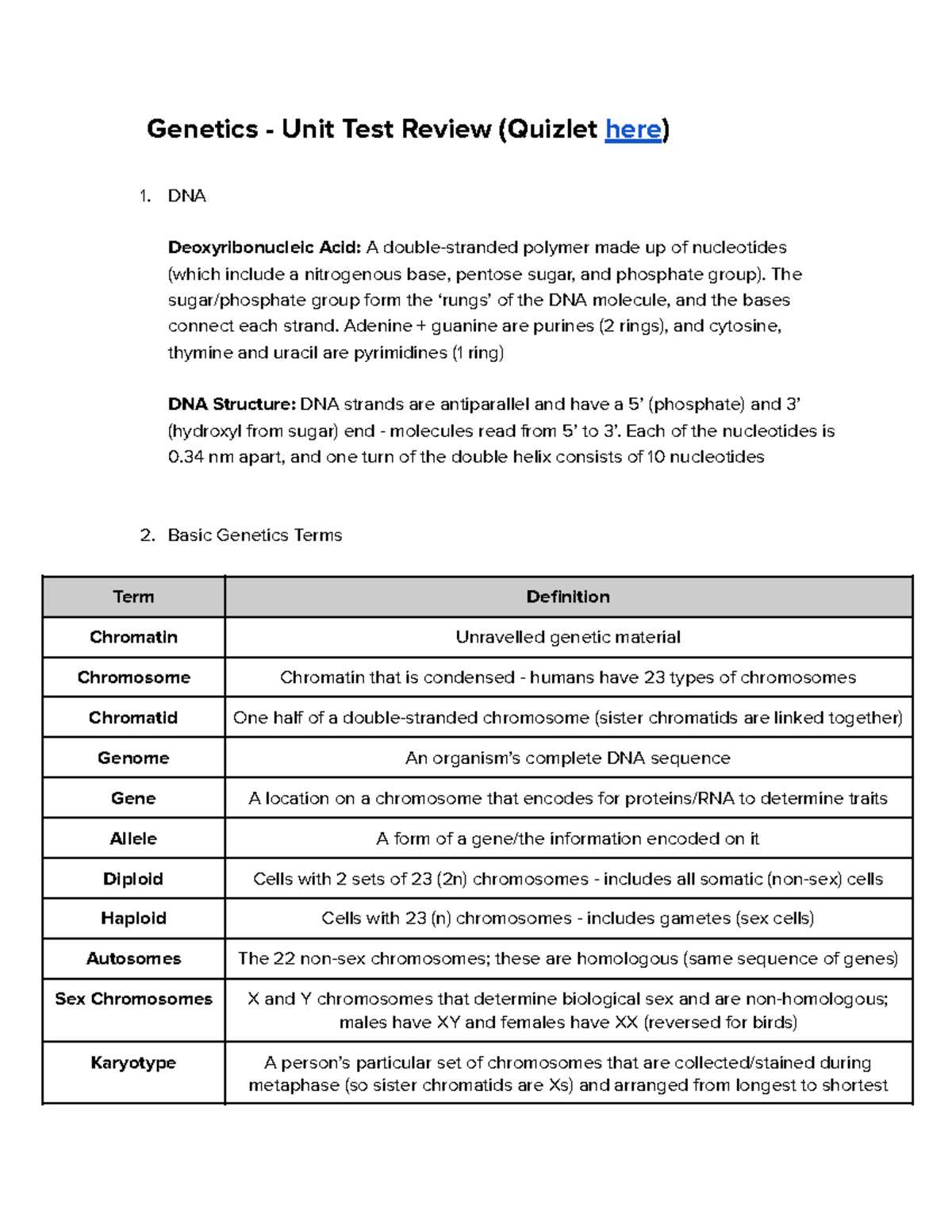 genetics test review answers