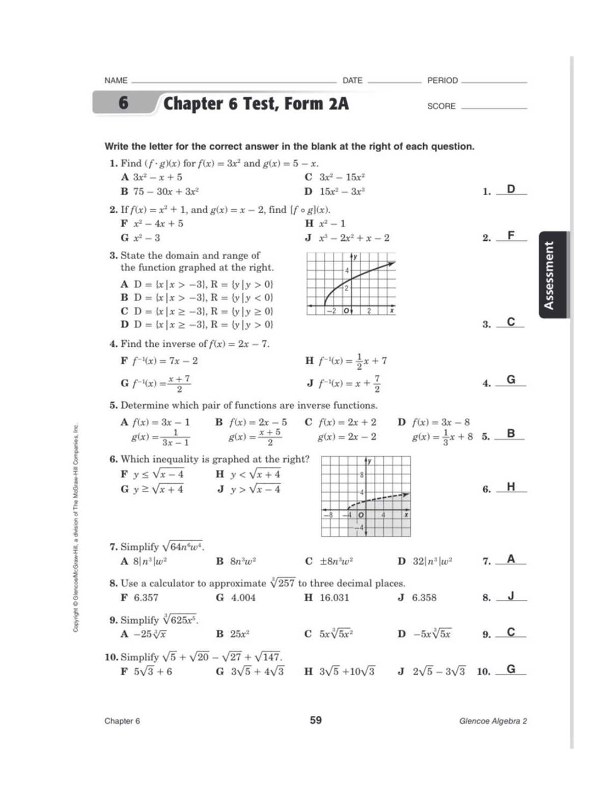 glencoe algebra 1 chapter 5 test form 2a answers